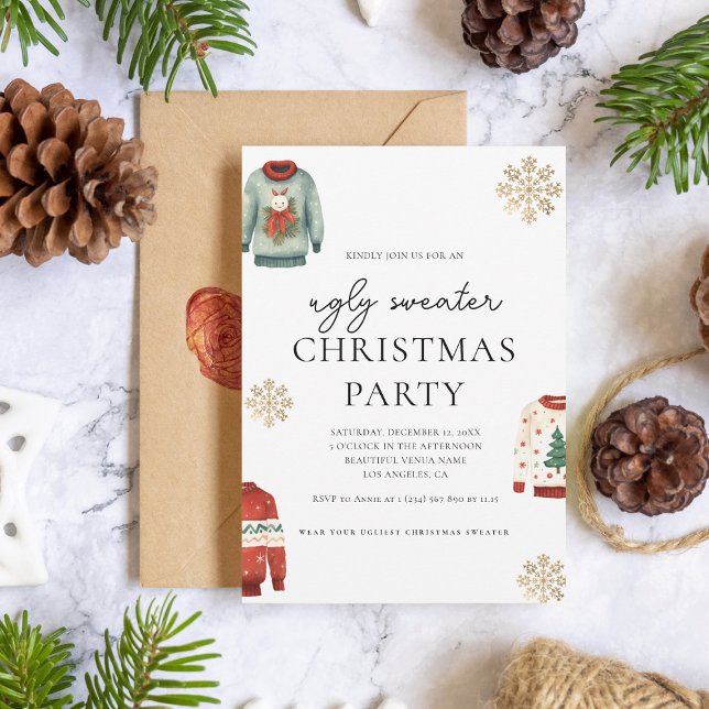 Ugi Sweater Christmas Party Gold Snowflake Einladung (Von Creator hochgeladen)