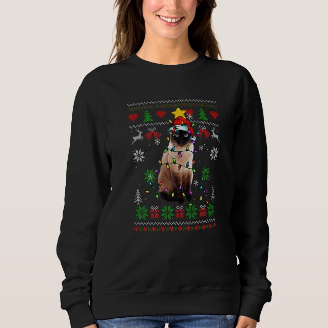 Ugly Christmas Siamese Cat Lights Santa Hat Sweatshirt (Vorderseite)