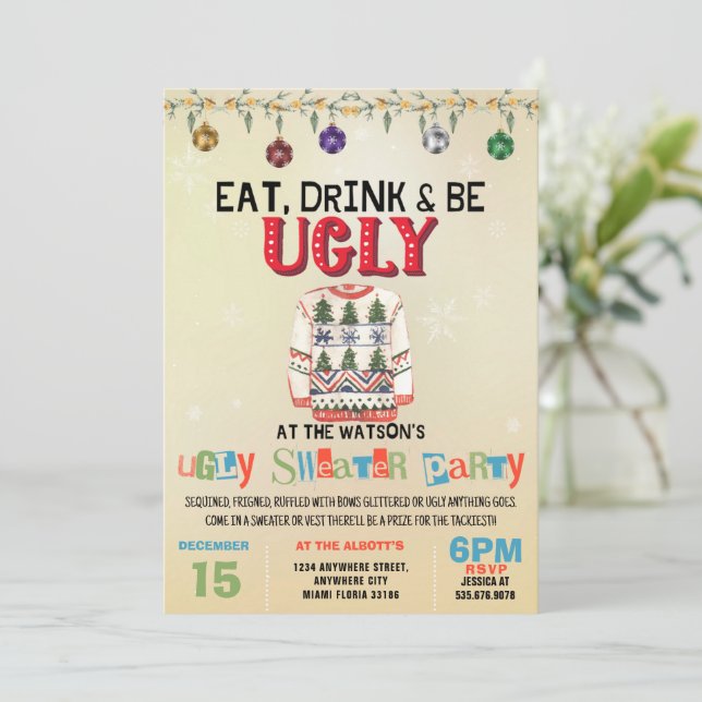 Ugly Christmas Sweater essen Drink & Be Ugly Einladung (Stehend Vorderseite)