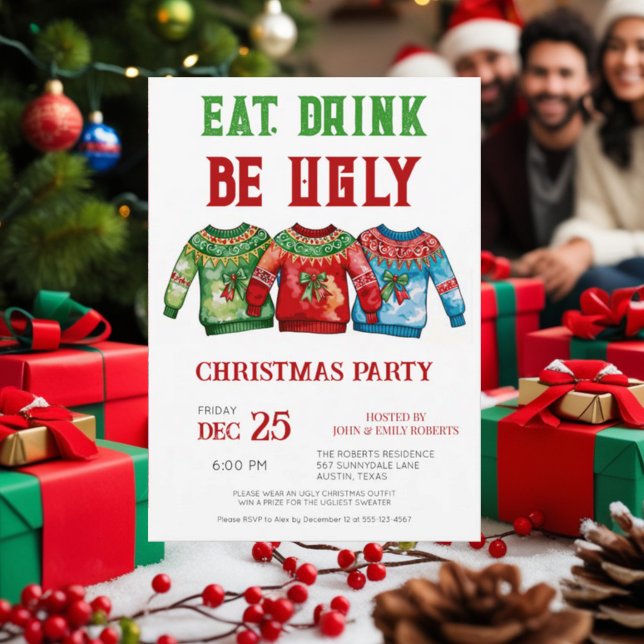Ugly Christmas Sweater Party Einladung essen Drink (Von Creator hochgeladen)