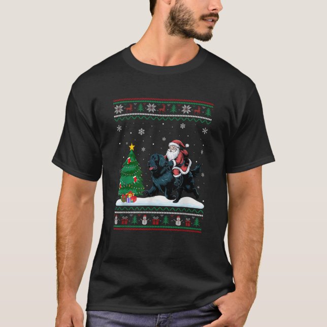 Ugly Christmas Tree Lights Santa Riding Newfoundla T-Shirt (Vorderseite)