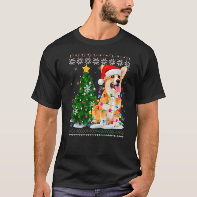 Ugly Corgi Dog Weihnachtsmannmütze Weihnachtsbaum  T-Shirt (Vorderseite)