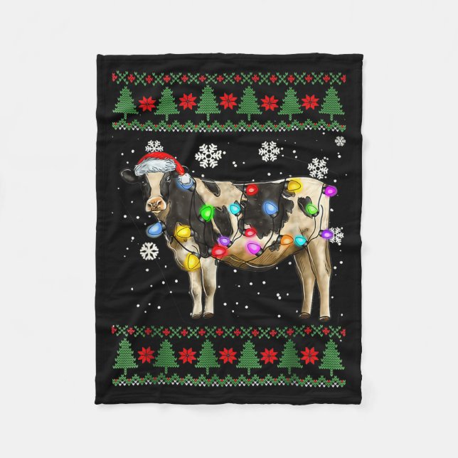 Ugly Cow Christmas Sweater Santa Hat And Light Up  Fleecedecke (Vorderseite)