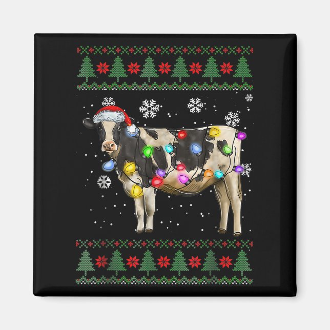 Ugly Cow Christmas Sweater Santa Hat And Light Up  Magnet (Vorne)