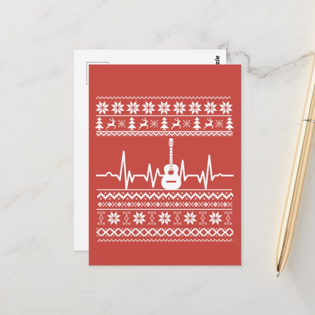 Ugly Frohe Weihnachts Pullover akustische Gitarre Postkarte (Vorderseite/Rückseite Beispiel)