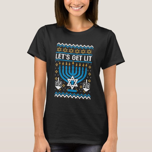 Ugly Hanukkah Lasst uns Lit Menorah Pajama Familie T-Shirt (Vorderseite)