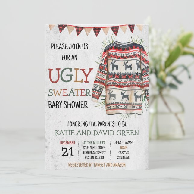 Ugly Sweater Baby Shower Einladung (Stehend Vorderseite)