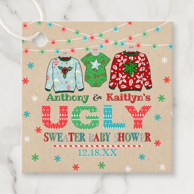 Ugly Sweater Christmas Baby Dusche Geschenkanhänger (Vorderseite)