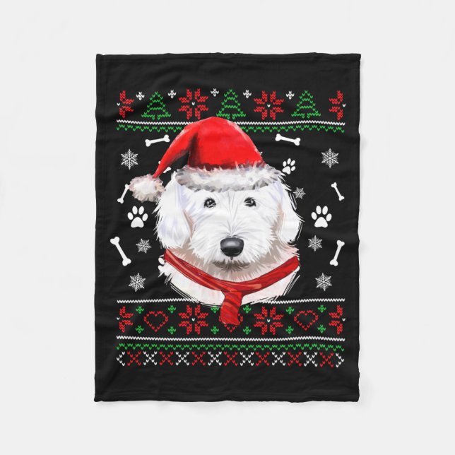 Ugly Sweater Christmas Bobtail Dog Santa Hat Pajam Fleecedecke (Vorderseite)