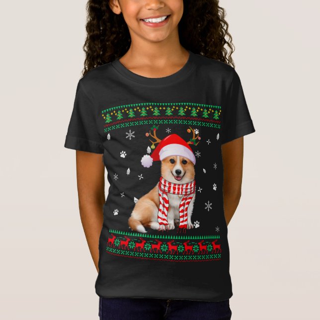 Ugly Sweater Christmas Corgi Dog Santa Reindeer T-Shirt (Vorderseite)