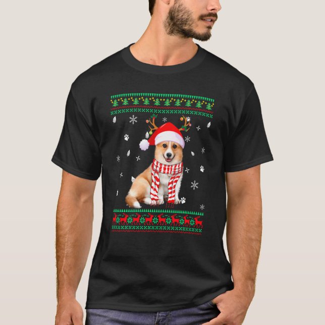 Ugly Sweater Christmas Corgi Dog Santa Reindeer T-Shirt (Vorderseite)