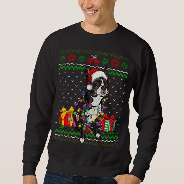 Ugly Sweater Christmas Lights Boston Terrier Dog L Sweatshirt (Vorderseite)