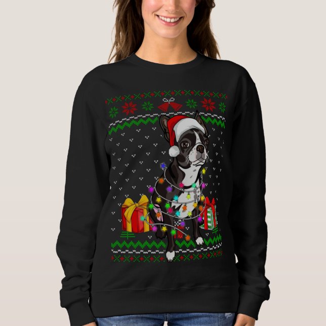 Ugly Sweater Christmas Lights Boston Terrier Dog L Sweatshirt (Vorderseite)