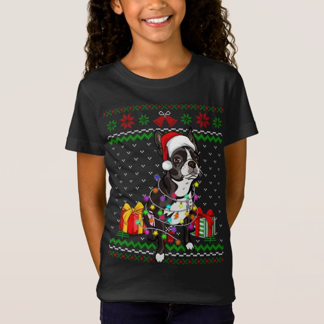 Ugly Sweater Christmas Lights Boston Terrier Dog L T-Shirt (Vorderseite)