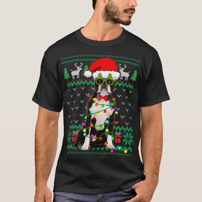 Ugly Sweater Christmas Lights Boston Terrier Dog P T-Shirt (Vorderseite)