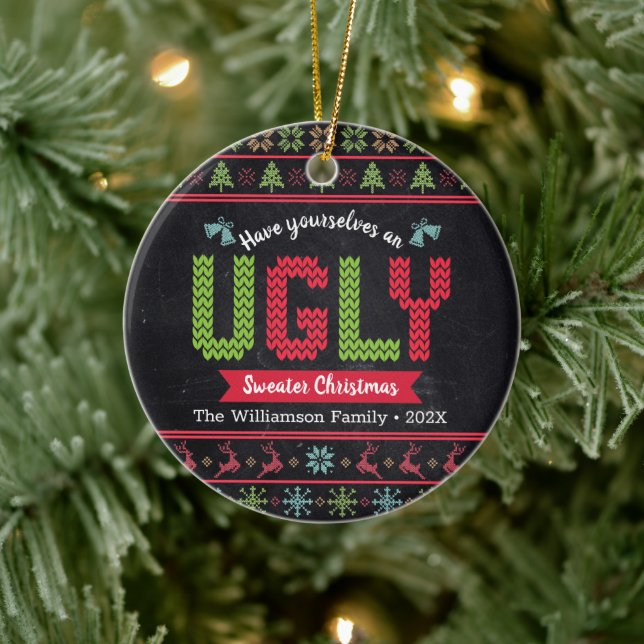 Ugly Sweater Christmas Nordic Strick Fun Chalkboar Keramik Ornament (Baum)