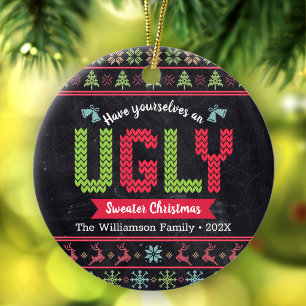 Ugly Sweater Christmas Nordic Strick Fun Chalkboar Keramik Ornament