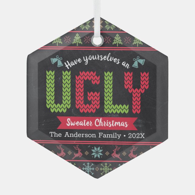 Ugly Sweater Christmas Nordic Strick Fun Chalkboar Ornament Aus Glas (Vorderseite)
