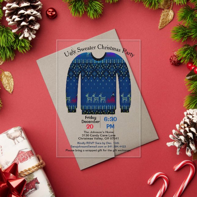 Ugly Sweater Christmas Party, Blau mit Hirsch Acryleinladungen (Insitu (Feiertag))