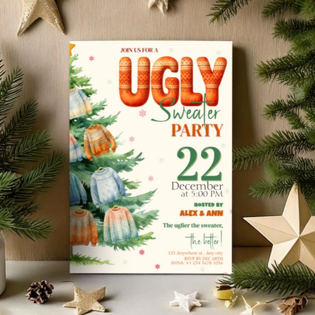 Ugly Sweater Christmas Party Cozy Watercolor Einladung (Ugly Sweater Christmas Party Cozy Watercolor Invitation, Xmas Invite)