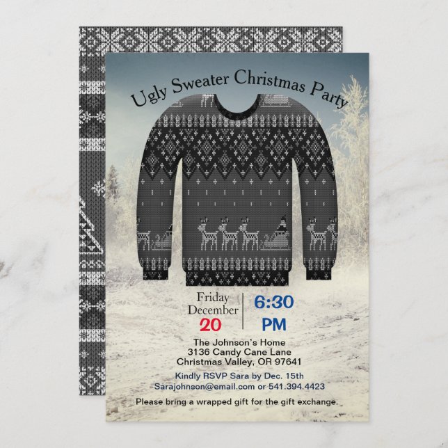 Ugly Sweater Christmas Party, Gray with Deer, ZPR Einladung (Vorne/Hinten)