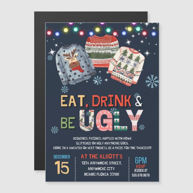 Ugly Sweater Christmas Party Magneteinladung (Vorne/Hinten)