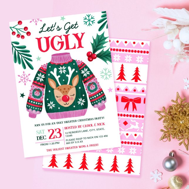 Ugly Sweater Christmas Party Rentier und Holly Einladung (Ugly Sweater Christmas Party Reindeer and Holly Invitation)