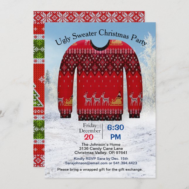 Ugly Sweater Christmas Party, Rot mit Hirsch Einladung (Vorne/Hinten)