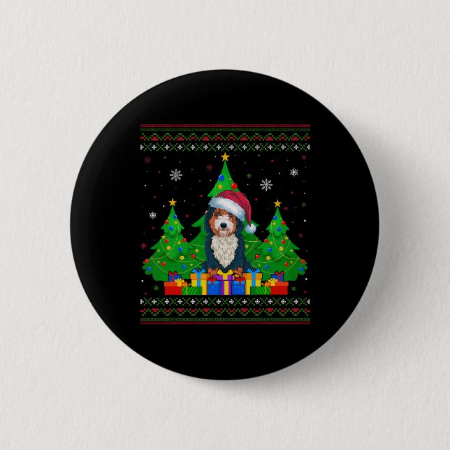 Ugly Sweater Christmas Tree Santa Hat Bernedoodle  Button (Vorderseite)