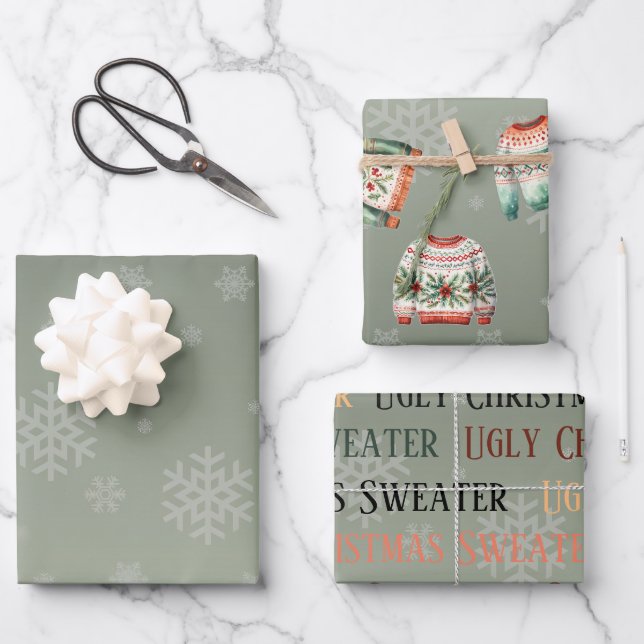 Ugly Sweater Christmas Wrapping Paper Set 3 Geschenkpapier Set (Vorderseite)
