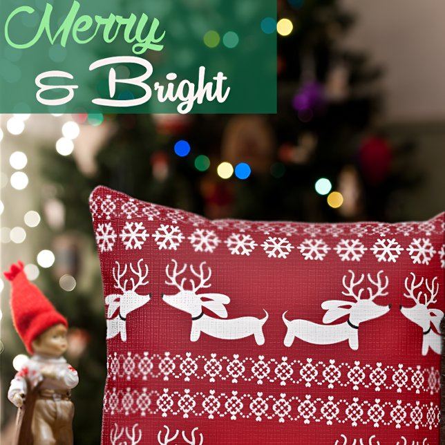 Ugly Sweater Fair Isle Rentier Dackel Kissen (Dachshund masquerading as a reindeer for wiener dog themed Christmas.)