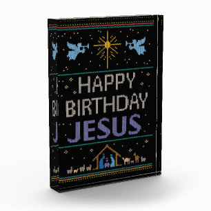 Ugly Sweater Happy Geburtstag Jesus Religiöse Lila Fotoblock