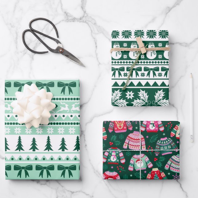 Ugly Sweater Minze und Dark Green Christmas Geschenkpapier Set (Vorderseite)