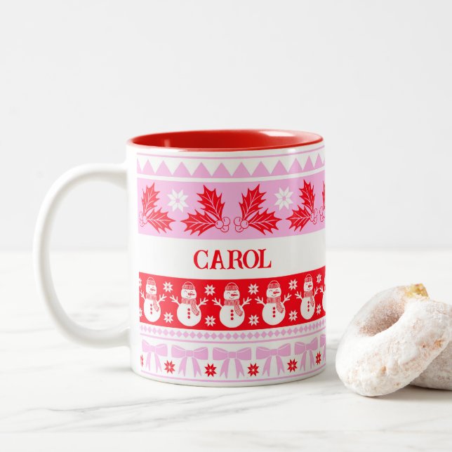 Ugly Sweater mit Snowman Pink und Rot Zweifarbige Tasse (Mit Donut)