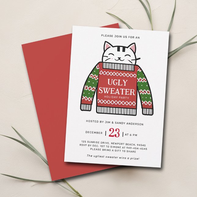 Ugly Sweater Modern Cat Zeichne Weihnachts-Party Einladung (christmas party invitation ugly sweater cute cat modern maximalist happy cheerful family office)