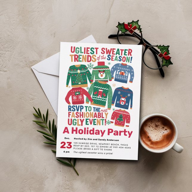 Ugly Sweater Modern Maximalist Weihnachts-Party Einladung (christmas party invitation ugly sweater modern maximalist happy cheerful family office)