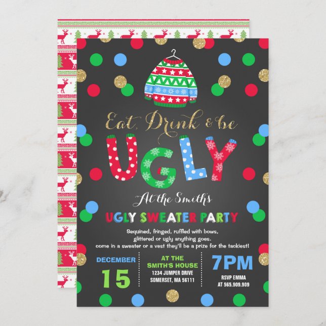 Ugly Sweater Party Einladung essen Drink & Be Ugi (Vorne/Hinten)