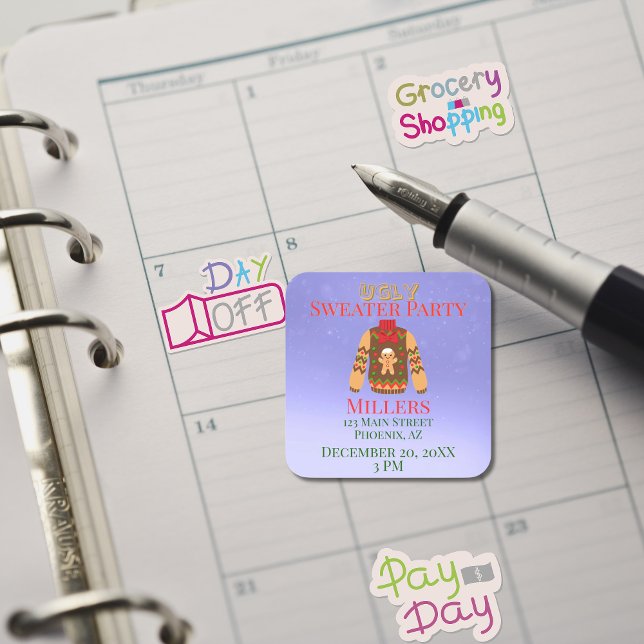 Ugly Sweater Party Erinnerung Quadratischer Aufkleber (Ugly Sticker Party Reminder)
