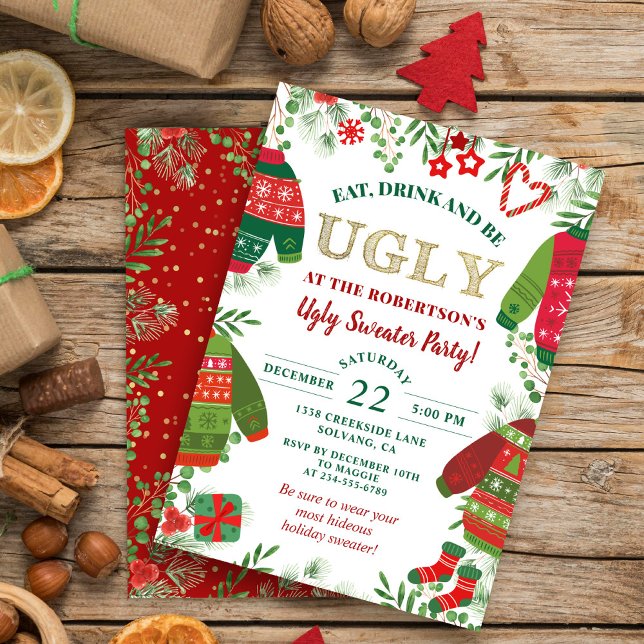 Ugly Sweater Party Greenery Roter Weihnachtsfeiert Einladung (Von Creator hochgeladen)