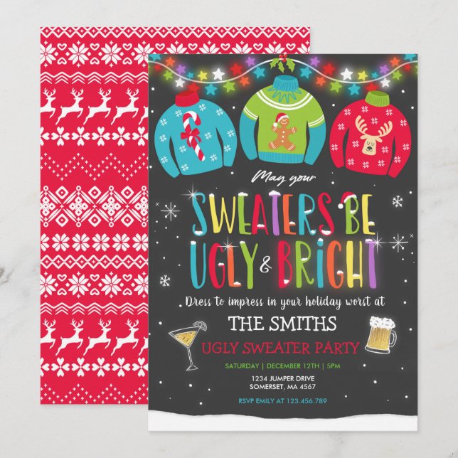 Ugly Sweater Party lädt herzhaften und hellen Pull Einladung (Vorne/Hinten)