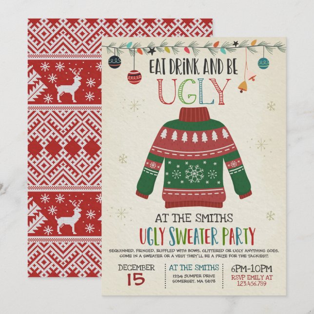 Ugly Sweater Party lädt zu einem Drink ein und las Einladung (Vorne/Hinten)