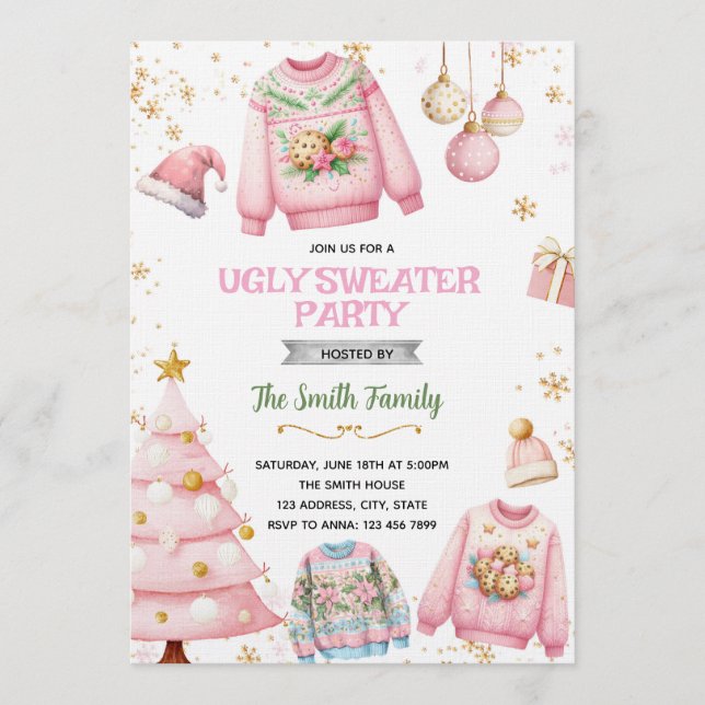 Ugly sweater pink theme invitation einladung (Vorderseite)