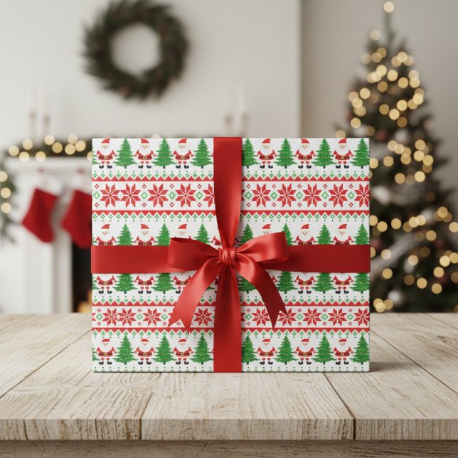 Ugly Sweater pixelated Santa Festive Streifen Geschenkpapier (Ugly Sweater Pixelated Santa Festive Stripes Wrapping Paper)