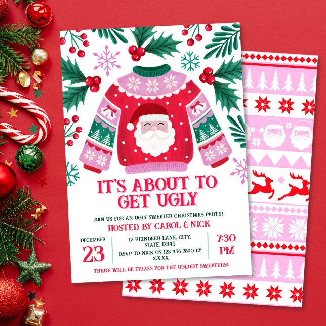 Ugly Sweater Santa Costume Party Grün und Rot Einladung (Ugly Sweater Santa Costume Party Green and Red Invitation)