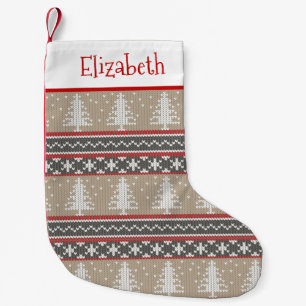 Ugly Sweater Strick Weihnachtsmuster Tan und Rot Kleiner Weihnachtsstrumpf