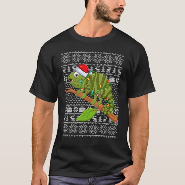 Ugly Sweater Style Xmas Lichter Santa Iguana Chris T-Shirt (Vorderseite)