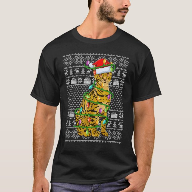 Ugly Sweater Style Xmas Lights Santa Bengal Cat Ch T-Shirt (Vorderseite)