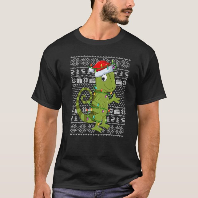Ugly Sweater Style Xmas Lights Santa Chameleon Chr T-Shirt (Vorderseite)