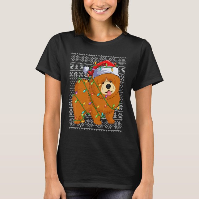 Ugly Sweater Style Xmas Lights Santa Chow Chow Dog T-Shirt (Vorderseite)