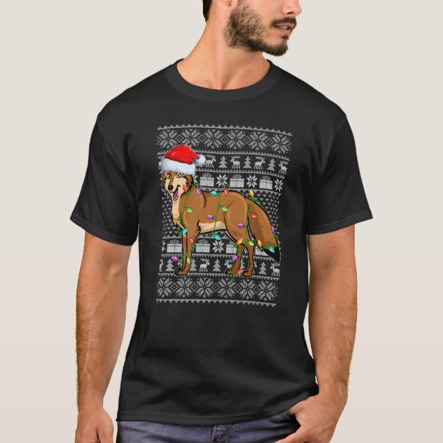 Ugly Sweater Style Xmas Lights Santa Coyote Christ T-Shirt (Vorderseite)